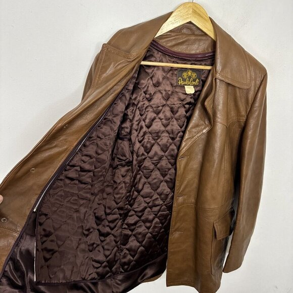 Vintage Paulo Conti Men 40 Brown 70s Leather Coat Removable Lining Hippie - Picture 6 of 8